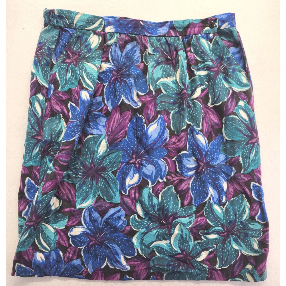 Cricket Lane Vintage Floral Skirt Blue Purple Teal Tropical Print Made in USA
